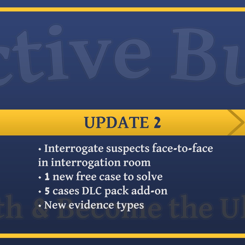 Update 2: face-to-face interrogation room, 1 new free case, 5-case DLC pack, and new evidence types.